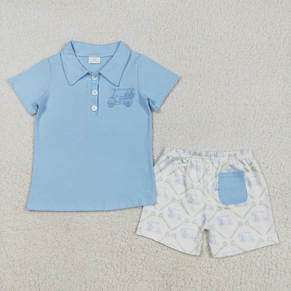Bsso1494Baby Boys Summer Boys Outfits Light Blue Golf Polo Top Shorts Kids Boys Clothing Set