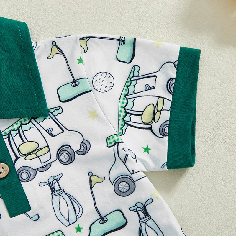 0-4Y Little Kids Boys Summer Clothes Set Golf Cart Print Short Sleeve Lapel Neck Tops Elastic Waistband Shorts