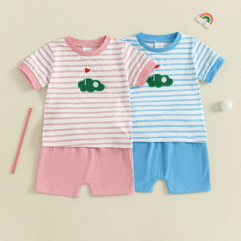 Toddler Baby Golf Outfit Striped Short Sleeve T-Shirts Solid Elastic Waist Shorts 2 Piece Set for Baby Boys Girls Summer Clothes