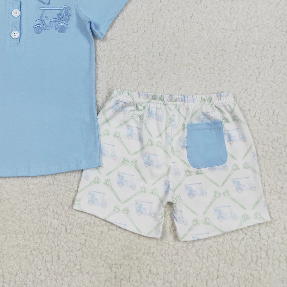 Bsso1494Baby Boys Summer Boys Outfits Light Blue Golf Polo Top Shorts Kids Boys Clothing Set