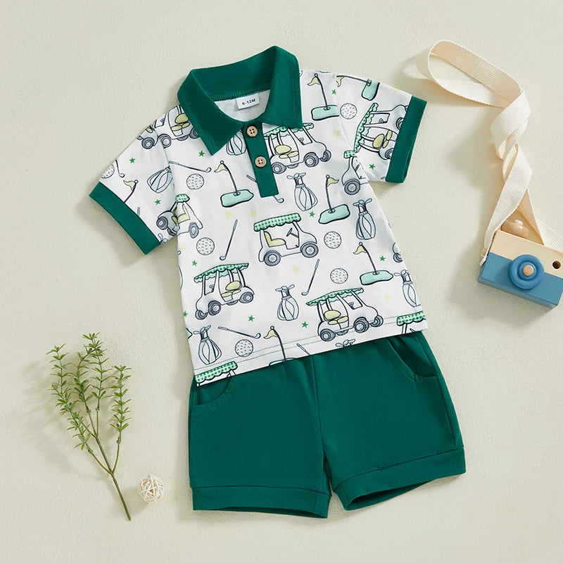 0-4Y Little Kids Boys Summer Clothes Set Golf Cart Print Short Sleeve Lapel Neck Tops Elastic Waistband Shorts