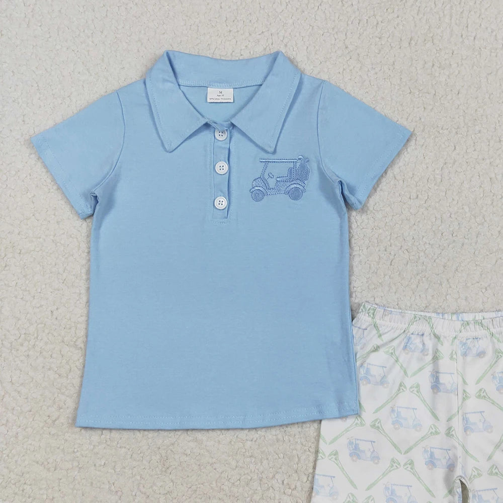 Bsso1494Baby Boys Summer Boys Outfits Light Blue Golf Polo Top Shorts Kids Boys Clothing Set