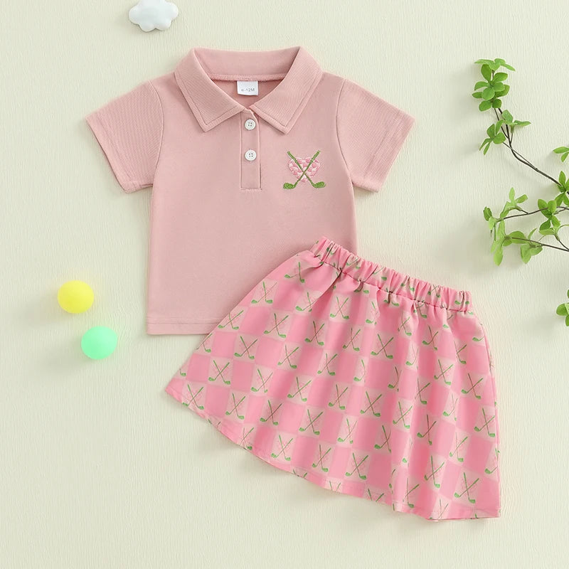 Toddler Kids Baby Girls Golf Print Short Sleeve T-Shirt and Skirt Outfits Clothes Summer Fashion Casual Kids Clothes Sets