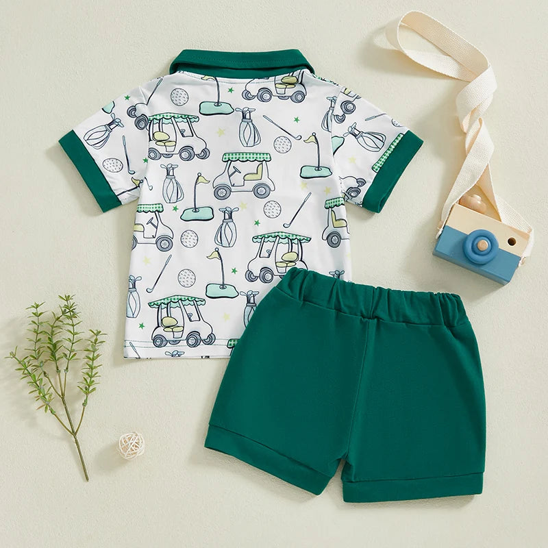 0-4Y Little Kids Boys Summer Clothes Set Golf Cart Print Short Sleeve Lapel Neck Tops Elastic Waistband Shorts