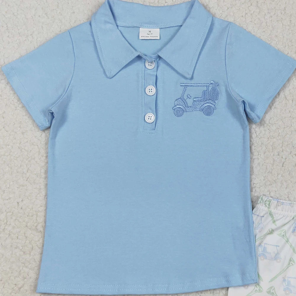 Bsso1494Baby Boys Summer Boys Outfits Light Blue Golf Polo Top Shorts Kids Boys Clothing Set
