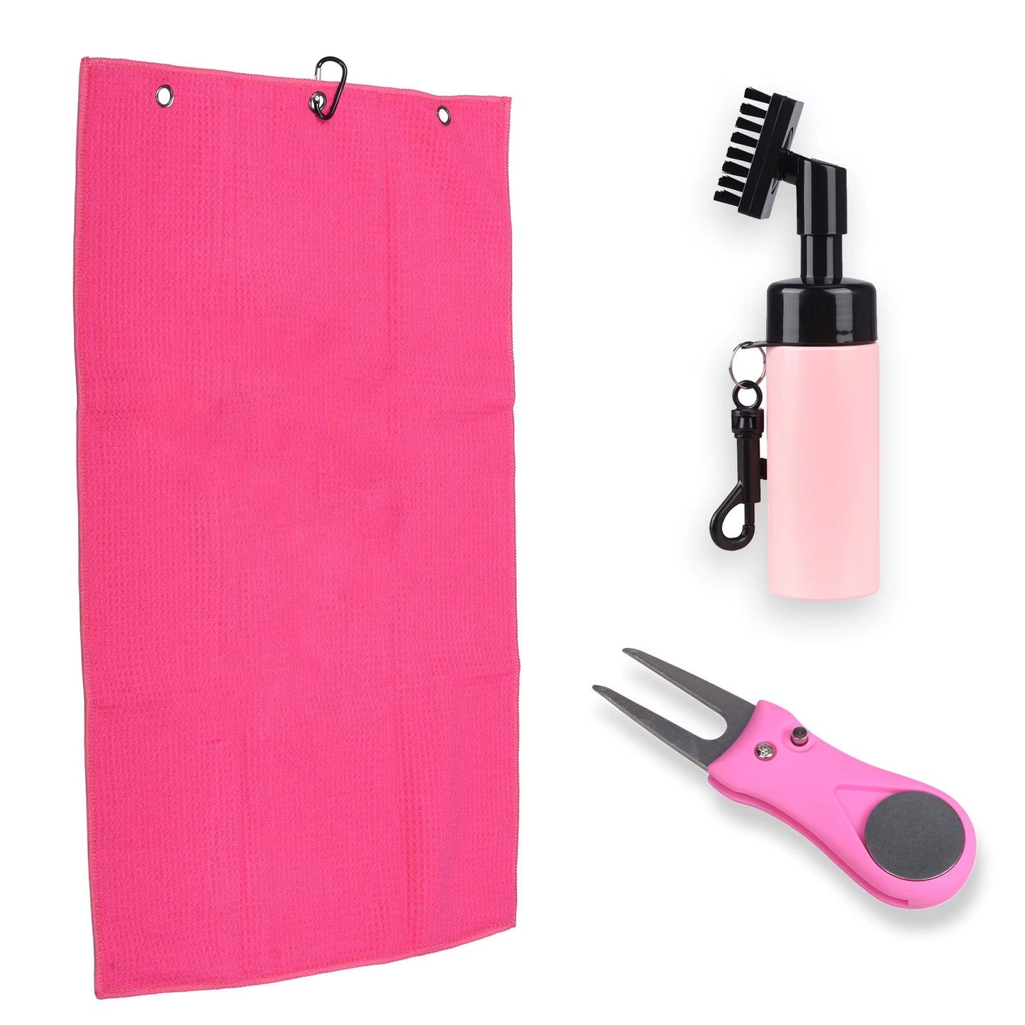 Golf Towel and Brush Set Microfiber Towels for Golf Bags Women Cleaning Kit with Ball Marker Golf Divot Tool Brush, Pink