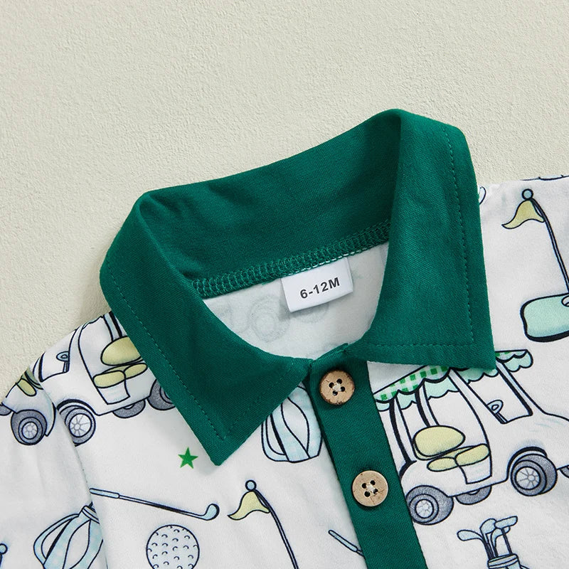 0-4Y Little Kids Boys Summer Clothes Set Golf Cart Print Short Sleeve Lapel Neck Tops Elastic Waistband Shorts