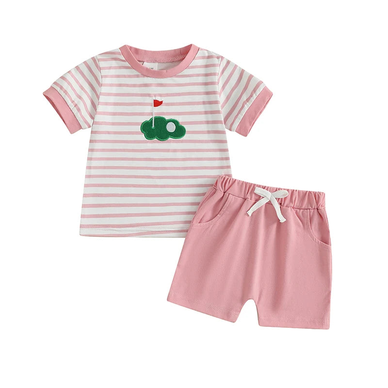 Toddler Baby Golf Outfit Striped Short Sleeve T-Shirts Solid Elastic Waist Shorts 2 Piece Set for Baby Boys Girls Summer Clothes