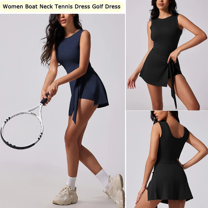 Tennis Dress for Women with Built in Shorts Womens Athletic Dresses Sleeveless Boat Neck Active Workout Skort Dress