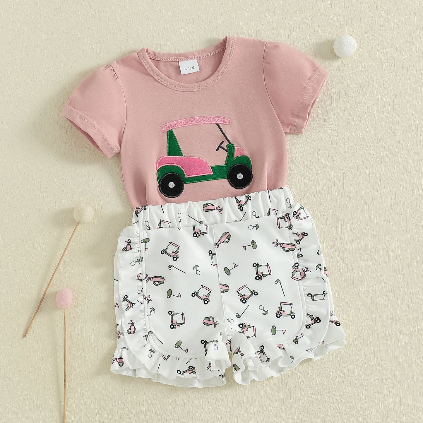 0-4Y Lovely Kids Girls Summer Clothes Sets Golf Embroidery Short Sleeves T-Shirt and Elastic Shorts Set