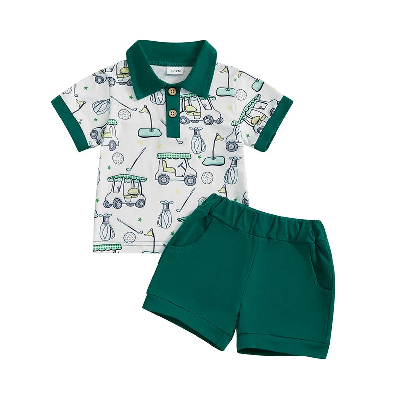 0-4Y Little Kids Boys Summer Clothes Set Golf Cart Print Short Sleeve Lapel Neck Tops Elastic Waistband Shorts
