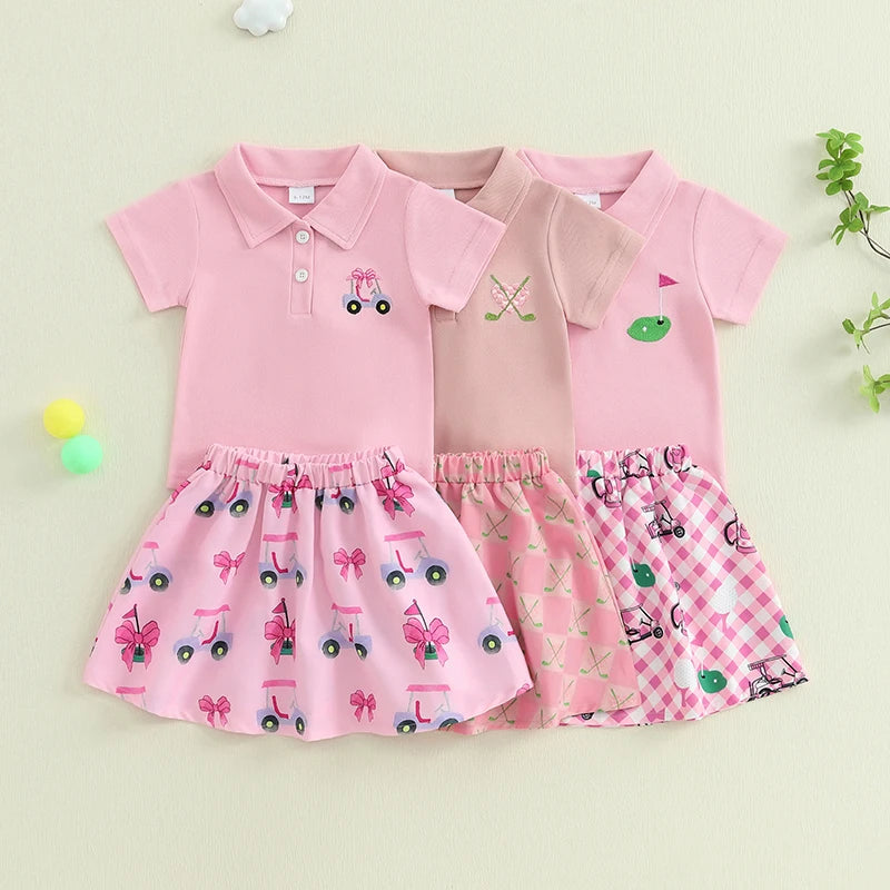Toddler Kids Baby Girls Golf Print Short Sleeve T-Shirt and Skirt Outfits Clothes Summer Fashion Casual Kids Clothes Sets