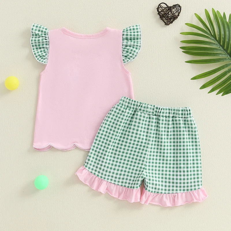 Toddler Girl Summer Outfits Golf Embroidery round Neck Fly Sleeve Tops Elastic Waist Shorts 2Pcs Clothes Set 6M-4T