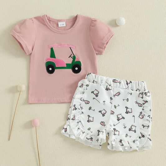 0-4Y Lovely Kids Girls Summer Clothes Sets Golf Embroidery Short Sleeves T-Shirt and Elastic Shorts Set