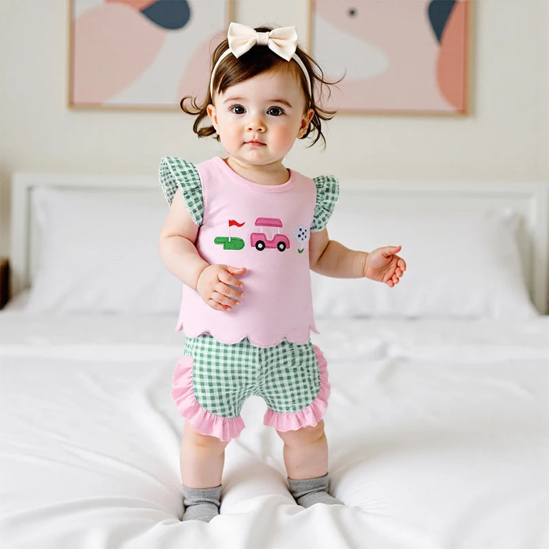 Toddler Girl Summer Outfits Golf Embroidery round Neck Fly Sleeve Tops Elastic Waist Shorts 2Pcs Clothes Set 6M-4T