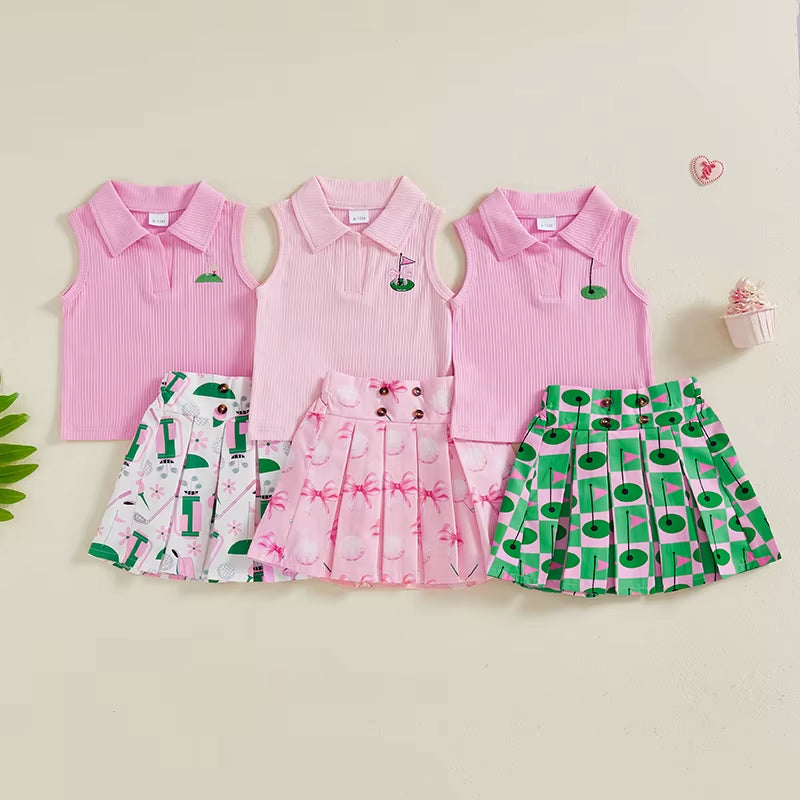 Kids Girl Outfit Lapel Sleeveless Tank Tops and Golf Print Pleated A-Line Skirt Set for Toddler Summer Clothes