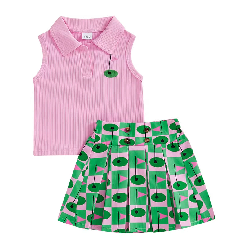 Kids Girl Outfit Lapel Sleeveless Tank Tops and Golf Print Pleated A-Line Skirt Set for Toddler Summer Clothes