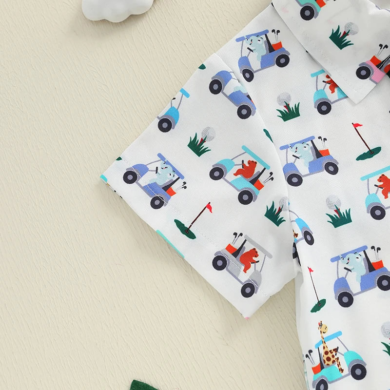 Kids Boys Summer Outfits Golf Cart Print Bowtie Short Sleeve Shirts Elastic Waist Shorts 2Pcs Clothes Set