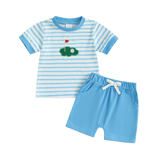 Toddler Baby Golf Outfit Striped Short Sleeve T-Shirts Solid Elastic Waist Shorts 2 Piece Set for Baby Boys Girls Summer Clothes