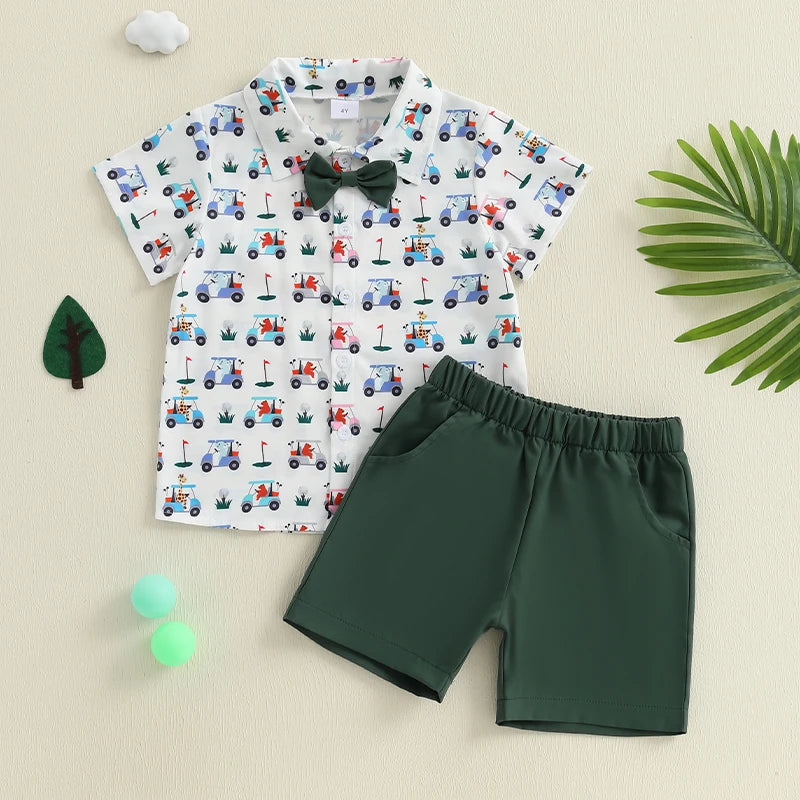 Kids Boys Summer Outfits Golf Cart Print Bowtie Short Sleeve Shirts Elastic Waist Shorts 2Pcs Clothes Set