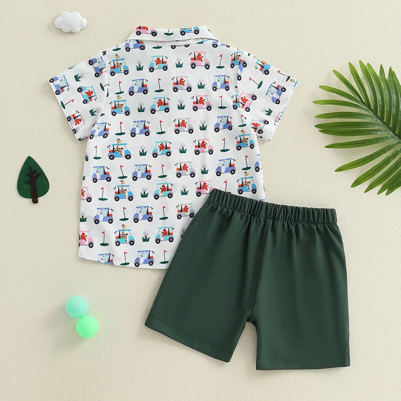 Kids Boys Summer Outfits Golf Cart Print Bowtie Short Sleeve Shirts Elastic Waist Shorts 2Pcs Clothes Set
