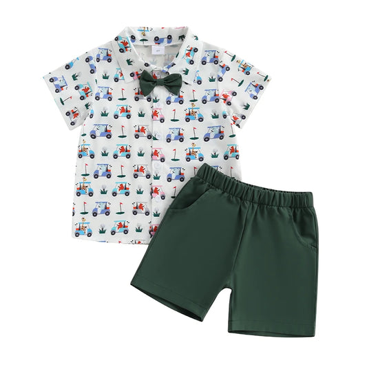 Kids Boys Summer Outfits Golf Cart Print Bowtie Short Sleeve Shirts Elastic Waist Shorts 2Pcs Clothes Set