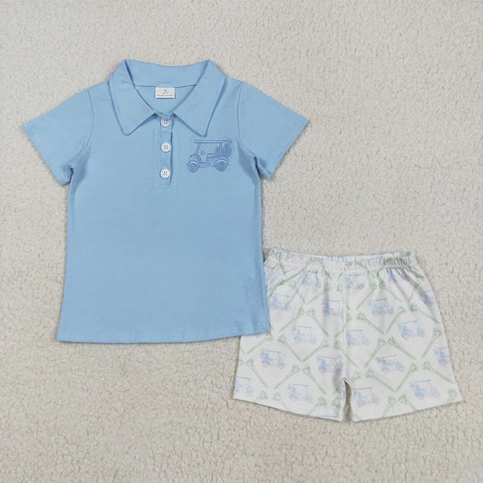 Bsso1494Baby Boys Summer Boys Outfits Light Blue Golf Polo Top Shorts Kids Boys Clothing Set