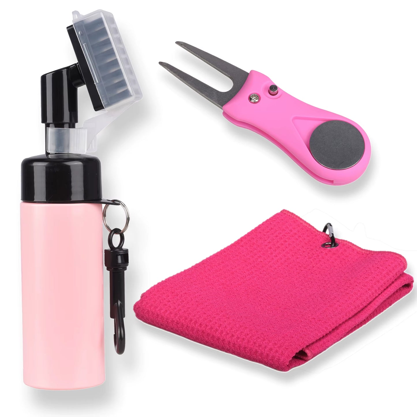 Golf Towel and Brush Set Microfiber Towels for Golf Bags Women Cleaning Kit with Ball Marker Golf Divot Tool Brush, Pink