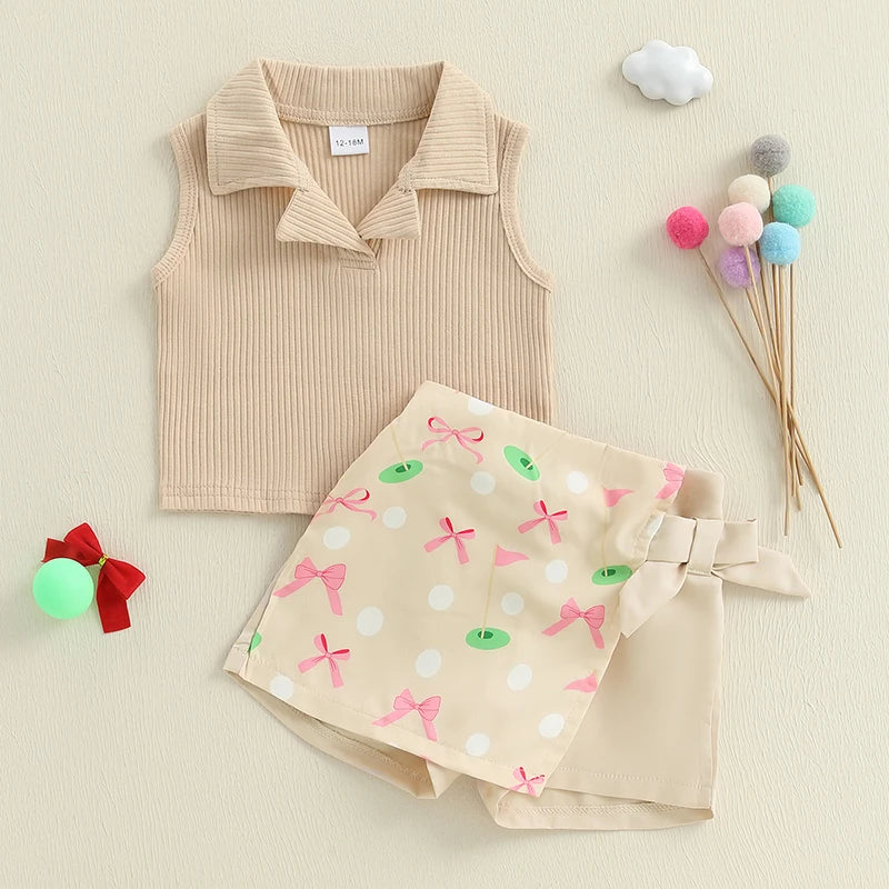 1-5Y Toddler Girl Summer Outfits Solid Color Turn down Collar Sleeveless Tank Tops Golf/Baseball Print Skorts 2Pcs Clothes Set