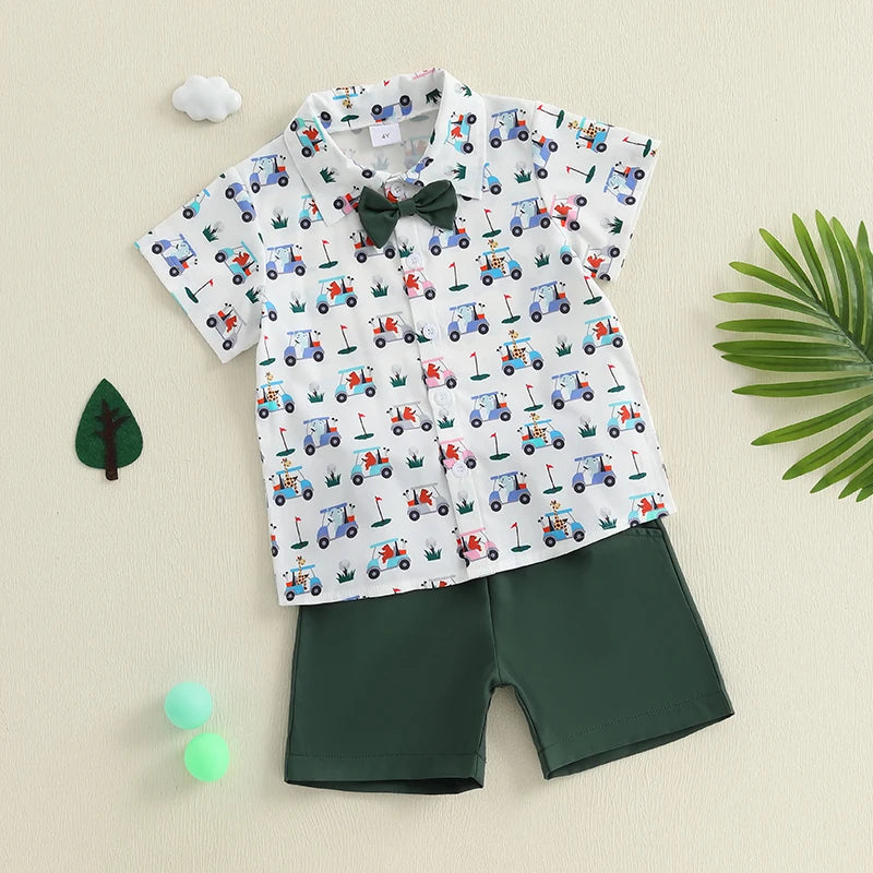 Kids Boys Summer Outfits Golf Cart Print Bowtie Short Sleeve Shirts Elastic Waist Shorts 2Pcs Clothes Set