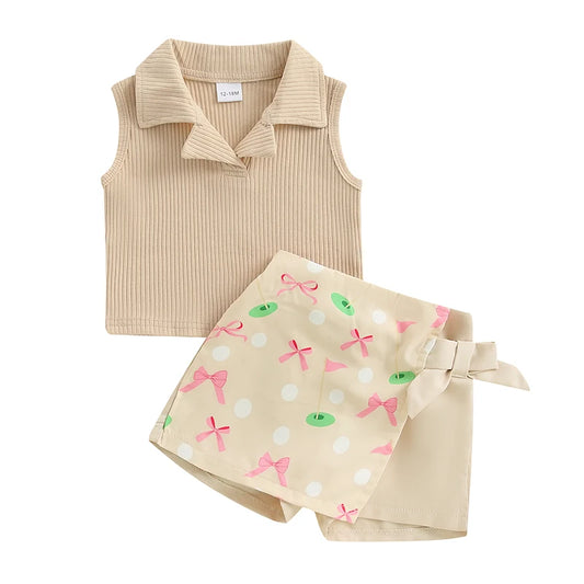 1-5Y Toddler Girl Summer Outfits Solid Color Turn down Collar Sleeveless Tank Tops Golf/Baseball Print Skorts 2Pcs Clothes Set