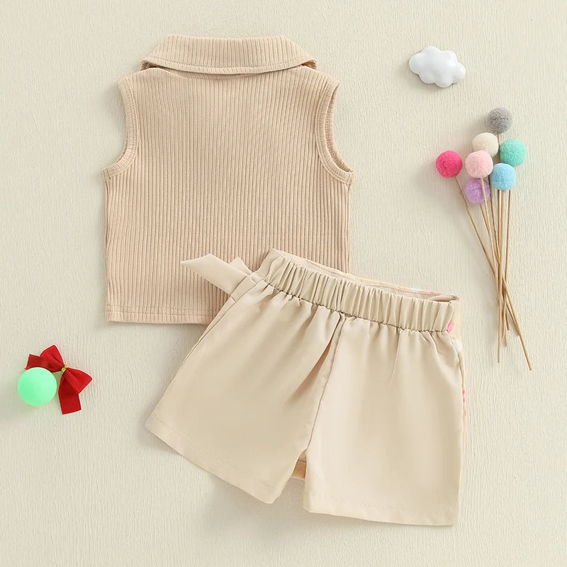 1-5Y Toddler Girl Summer Outfits Solid Color Turn down Collar Sleeveless Tank Tops Golf/Baseball Print Skorts 2Pcs Clothes Set