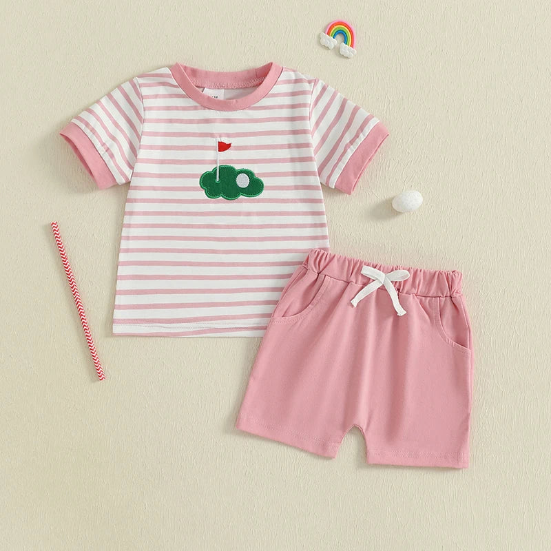 Toddler Baby Golf Outfit Striped Short Sleeve T-Shirts Solid Elastic Waist Shorts 2 Piece Set for Baby Boys Girls Summer Clothes