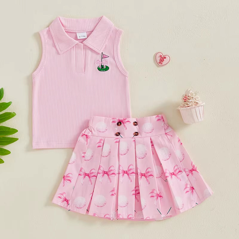 Kids Girl Outfit Lapel Sleeveless Tank Tops and Golf Print Pleated A-Line Skirt Set for Toddler Summer Clothes