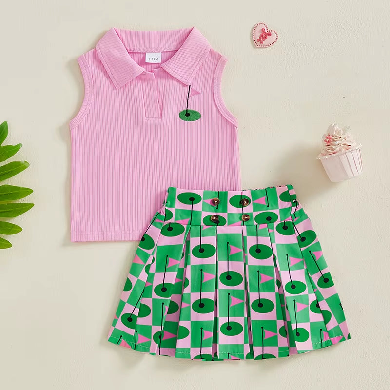 Kids Girl Outfit Lapel Sleeveless Tank Tops and Golf Print Pleated A-Line Skirt Set for Toddler Summer Clothes