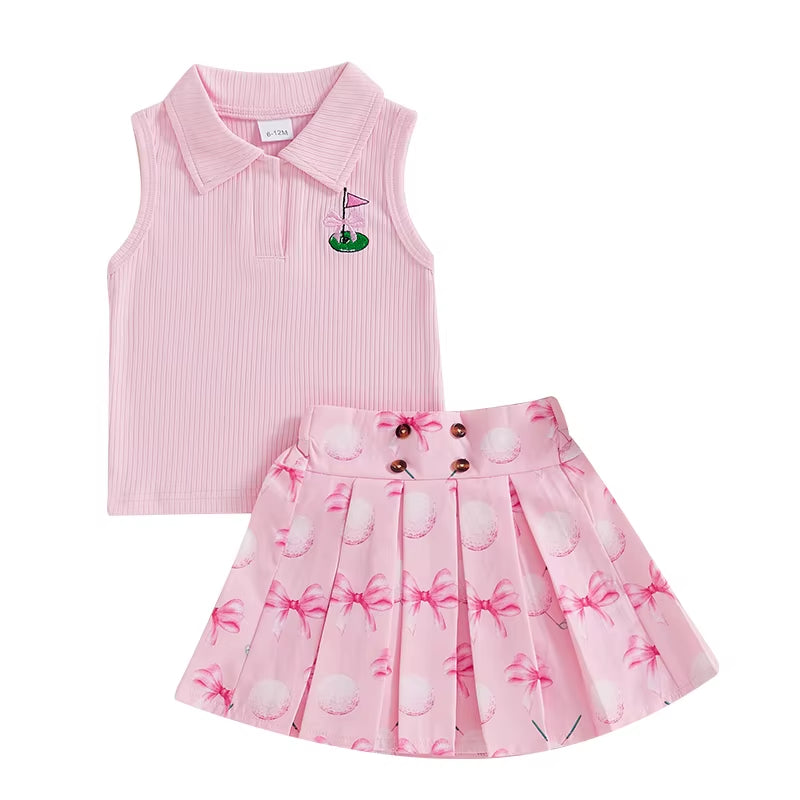 Kids Girl Outfit Lapel Sleeveless Tank Tops and Golf Print Pleated A-Line Skirt Set for Toddler Summer Clothes