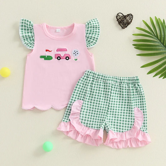 Toddler Girl Summer Outfits Golf Embroidery round Neck Fly Sleeve Tops Elastic Waist Shorts 2Pcs Clothes Set 6M-4T