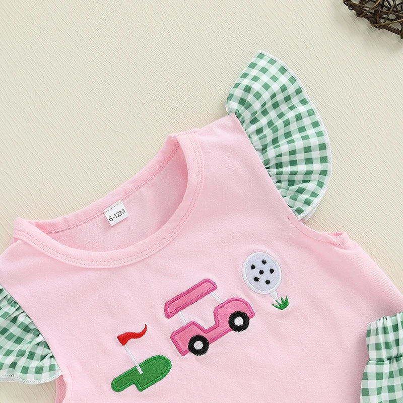 Toddler Girl Summer Outfits Golf Embroidery round Neck Fly Sleeve Tops Elastic Waist Shorts 2Pcs Clothes Set 6M-4T