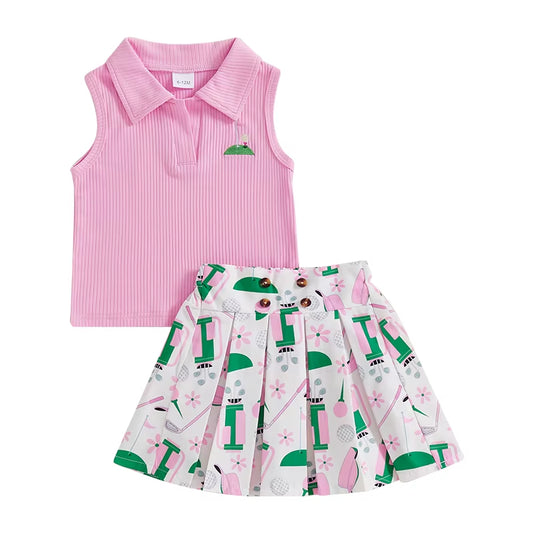Kids Girl Outfit Lapel Sleeveless Tank Tops and Golf Print Pleated A-Line Skirt Set for Toddler Summer Clothes