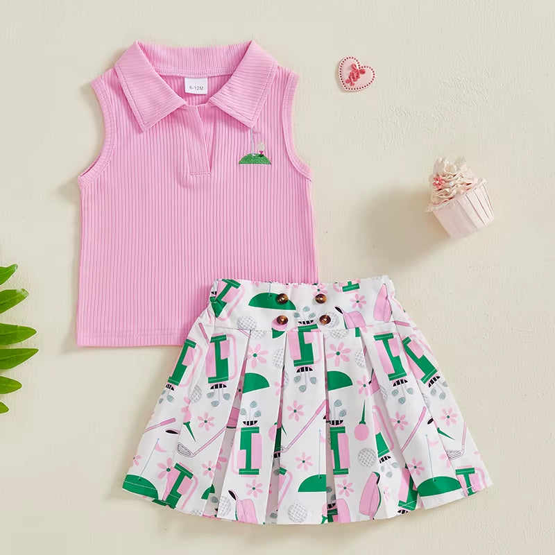 Kids Girl Outfit Lapel Sleeveless Tank Tops and Golf Print Pleated A-Line Skirt Set for Toddler Summer Clothes