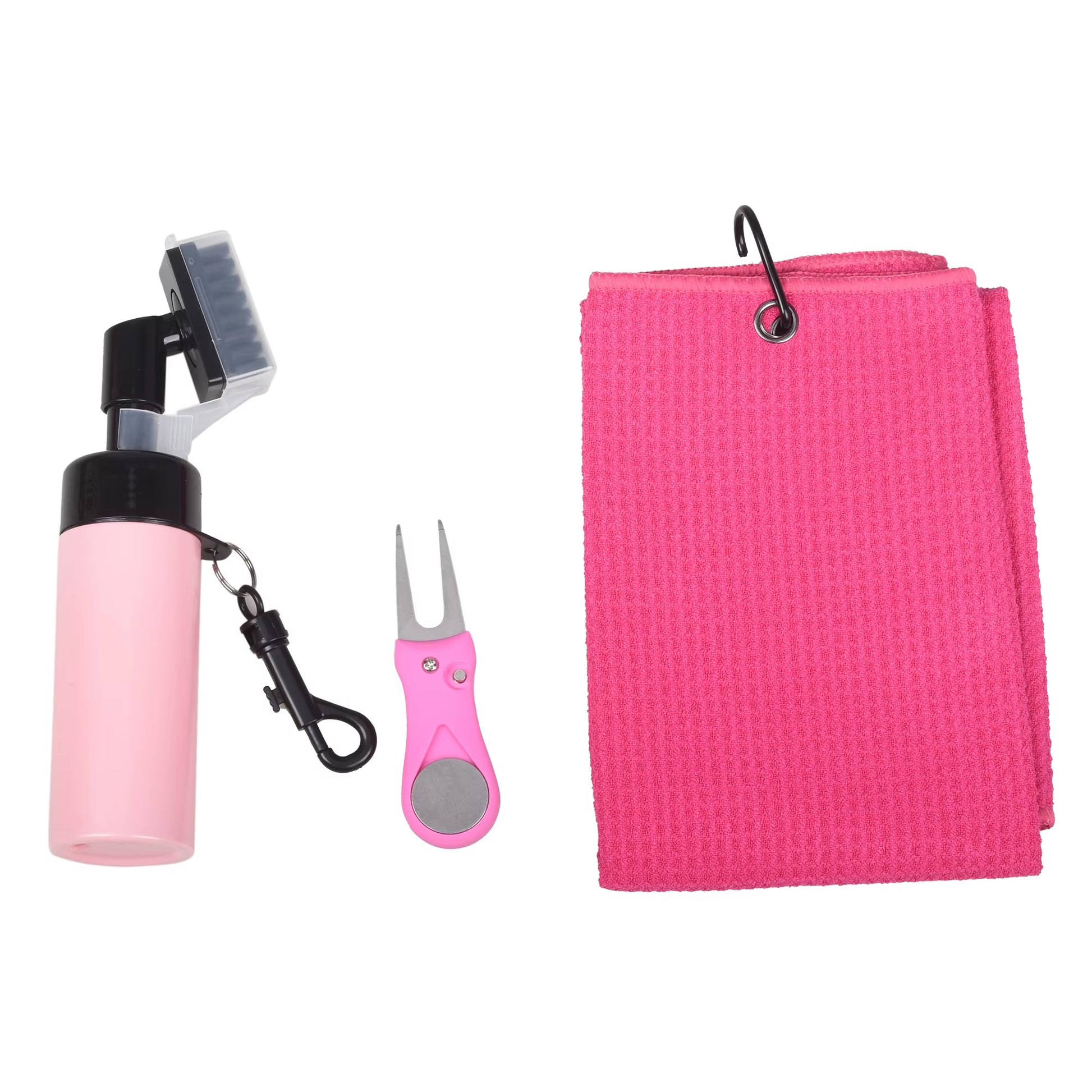 Golf Towel and Brush Set Microfiber Towels for Golf Bags Women Cleaning Kit with Ball Marker Golf Divot Tool Brush, Pink