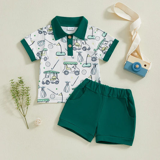 0-4Y Little Kids Boys Summer Clothes Set Golf Cart Print Short Sleeve Lapel Neck Tops Elastic Waistband Shorts