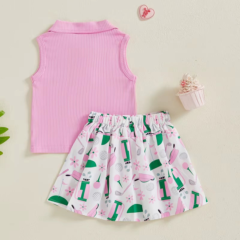 Kids Girl Outfit Lapel Sleeveless Tank Tops and Golf Print Pleated A-Line Skirt Set for Toddler Summer Clothes